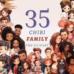 35 Chibi Family Clipart, High Quality Transparent PNGs, Instant Download, Commercial Use - Diverse Families, Cute Cartoon Parents and Pets