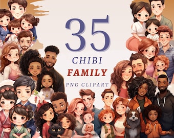 35 Chibi Familie Clipart, hochwertige transparente PNGs, sofortiger Download, kommerzielle Nutzung - verschiedene Familien, niedliche Cartoon Eltern und Haustiere