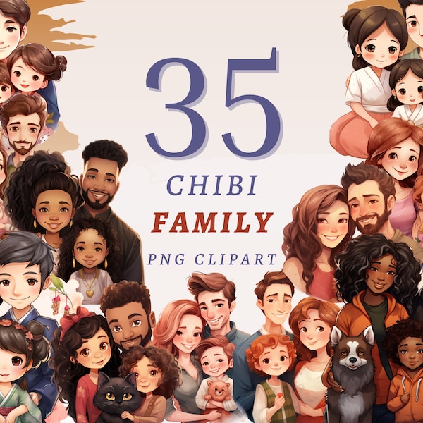 35 Chibi Family Clipart, High Quality Transparent PNGs, Instant Download, Commercial Use - Diverse Families, Cute Cartoon Parents and Pets