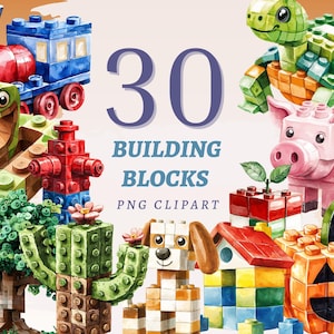 30 bloques de construcción, imágenes PNG transparentes de alta calidad, descarga instantánea, uso comercial: imágenes de bloques divertidos, gráficos de juguetes para niños
