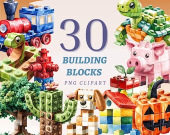 30 Bauklötze Clipart, hochwertige transparente PNGs, sofortiger Download, kommerzielle Nutzung - verspielte Bausteine, Kinderspielzeug Grafiken