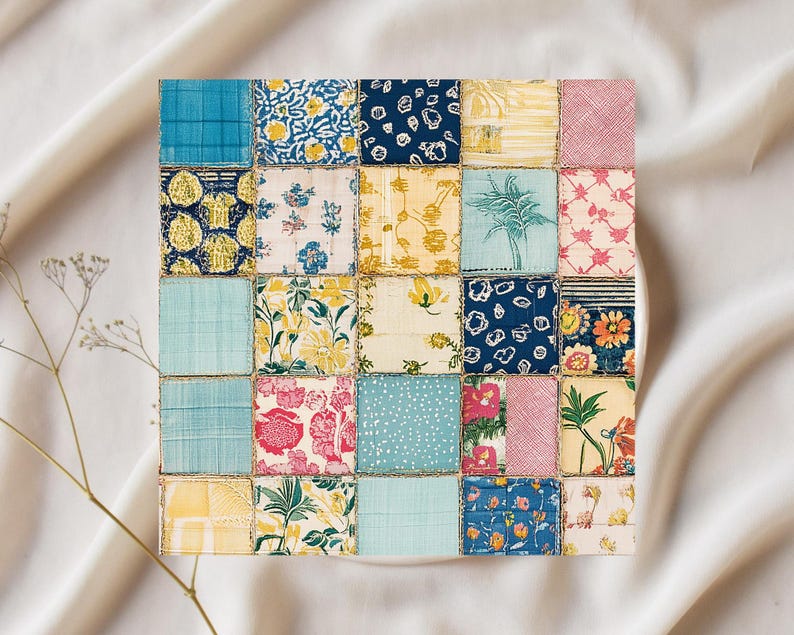 May include: A square patchwork textile with a variety of patterned fabric squares in shades of blue, yellow, pink, and green. The fabrics feature floral and geometric designs. The piece is likely a decorative item or part of a larger textile project.