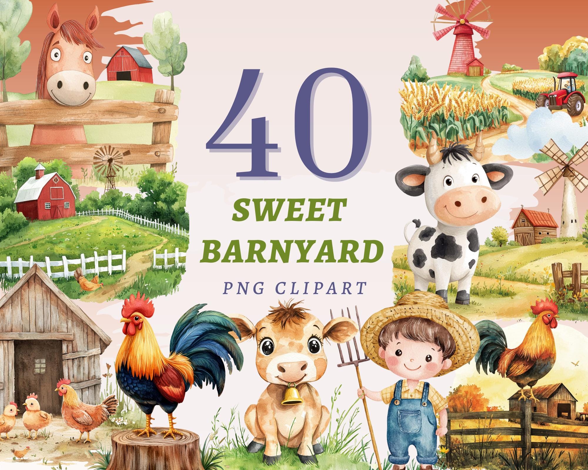 40 süße Barnyard Clipart, hochwertige transparente PNGs, sofortiger Download, kommerzielle Nutzung - Cartoon Scheune Designs, niedliche Schwein Grafiken