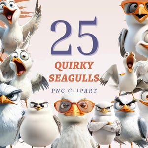 25 Quirky Seagulls Clipart, High Quality Transparent PNGs, Instant Download, Commercial Use - Gulls printable bundle, Cartoon Birds designs