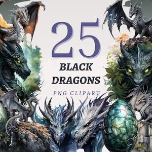 25 Clipart di draghi neri, PNG trasparenti di alta qualità, download immediato, uso commerciale - Stampa di draghi fantasy, pacchetto di immagini di creature oscure