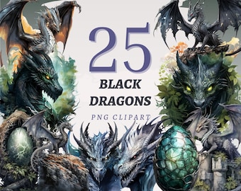 May include: Digital artwork featuring 25 black dragon PNG clipart images. The dragons are depicted in various poses, with detailed scales, wings, and glowing eyes. The color palette includes shades of black, gray, green, and blue. The text "25 BLACK DRAGONS PNG CLIPART" is displayed.