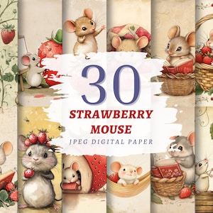 Erdbeer Maus Digitales Papier Süße Mäuschen Grafiken Frühling Cottagecore Art Süßer Bauernhof Erdbeeren Sofort Download Set für Kinderzimmer Dekoration