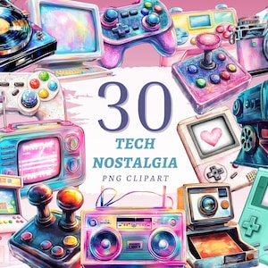 Op de afbeelding: Waterverfillustratie met 30 tech nostalgie PNG clipart. De afbeelding toont een verscheidenheid aan retro-elektronica, waaronder een platenspeler, computer, gamecontrollers, camera's en een boombox. Het kleurenpalet bevat roze, blauwe en paarse tinten.