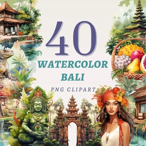 40 aquarel Bali clipart, hoge kwaliteit transparante png's, instant download, commercieel gebruik - Indonesië printables, tropische reizen cliparts