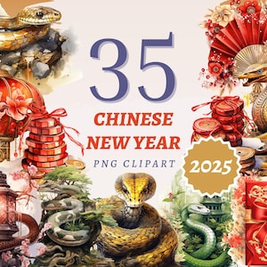 35 Clipart de Ano Novo Chinês, PNGs transparentes de alta qualidade, Download instantâneo, Uso comercial - Ano da cobra de madeira, arte de feriado de 2025