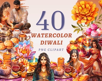 40 Aquarelle Diwali Clipart, PNG transparents de haute qualité, Téléchargement instantané, Utilisation commerciale - Ensemble png de célébration indienne, Imprimables