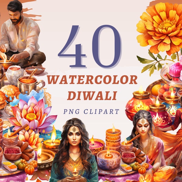 40 Watercolor Diwali Clipart, High Quality Transparent PNGs, Instant Download, Commercial Use - Indian Celebration png bundle, Printables