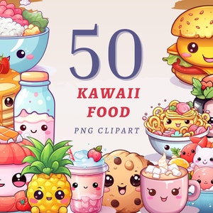 50 Kawaii Food Clipart, High Quality Transparent PNGs, Instant Download, Commercial Use - Cartoon Cute Treats png, Sticker Printable Bundle