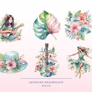 K&ouml;nnte beinhalten: Aquarell-Illustrationen einer Frau, die Gitarre spielt, eines tropischen Blattes, eines Strau&szlig;es rosa Blumen, eines Hutes mit Blumen, einer Gitarre mit Blumen und einer Frau in einem flie&szlig;enden Kleid. Die Illustrationen sind im Aquarellstil gehalten und haben ein sanftes, romantisches Flair.