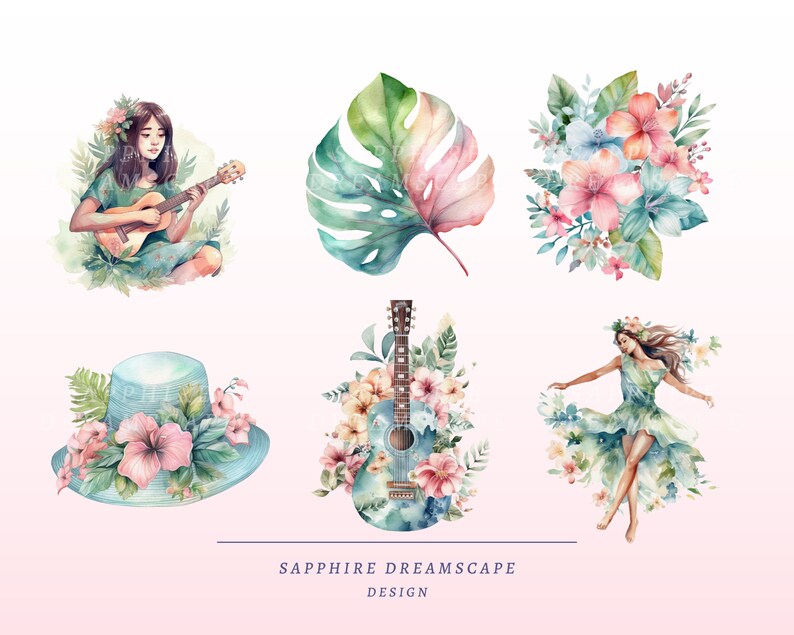 K&ouml;nnte beinhalten: Aquarell-Illustrationen einer Frau, die Gitarre spielt, eines tropischen Blattes, eines Strau&szlig;es rosa Blumen, eines Hutes mit Blumen, einer Gitarre mit Blumen und einer Frau in einem flie&szlig;enden Kleid. Die Illustrationen sind im Aquarellstil gehalten und haben ein sanftes, romantisches Flair.