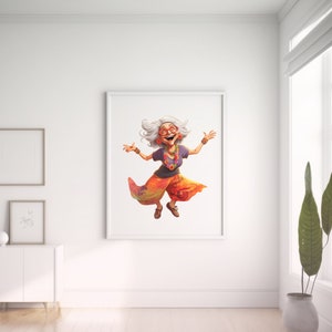 May include: A framed print showing a cartoon illustration of a happy elderly person with grey hair, glasses, and colourful clothing. The character is jumping with arms outstretched. The artwork is displayed in a bright, modern room.