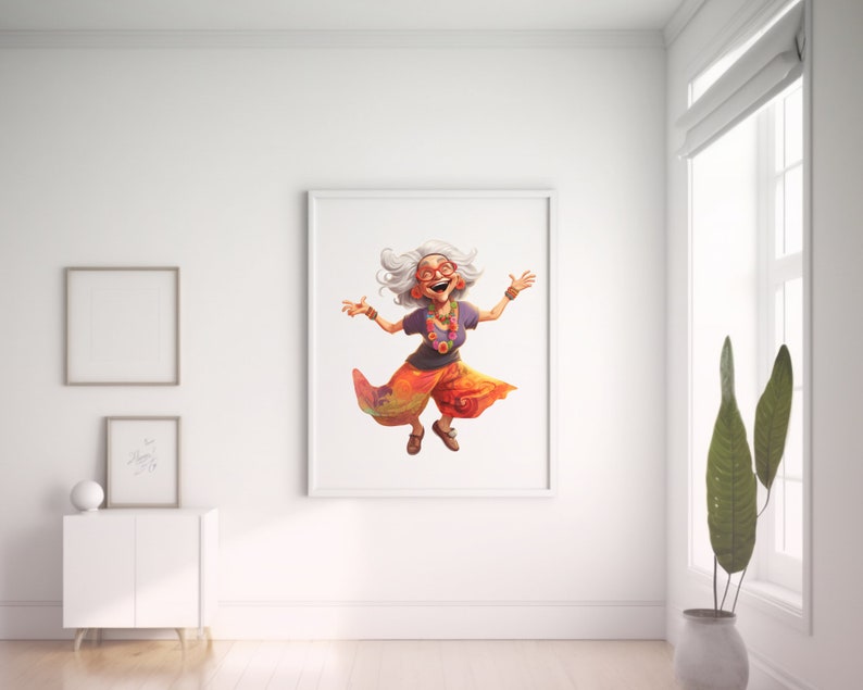 May include: A framed print showing a cartoon illustration of a happy elderly person with grey hair, glasses, and colourful clothing. The character is jumping with arms outstretched. The artwork is displayed in a bright, modern room.