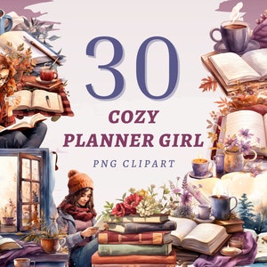 30 Cozy Planner Girl Clipart, PNG trasparenti di alta qualità, Download istantaneo, Uso commerciale - Illustrazioni di cancelleria, Ragazza e quaderni