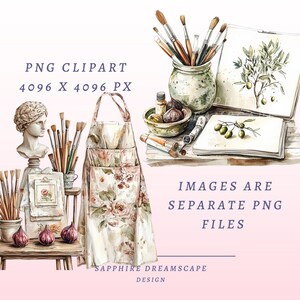 Puede incluir: Ilustraci&oacute;n en acuarela con materiales de arte, incluyendo pinceles, cuadernos de bocetos y un delantal con dise&ntilde;o floral. Tambi&eacute;n hay un busto de una figura cl&aacute;sica e higos. El texto dice "PNG Clipart" y "Las im&aacute;genes son archivos PNG separados."