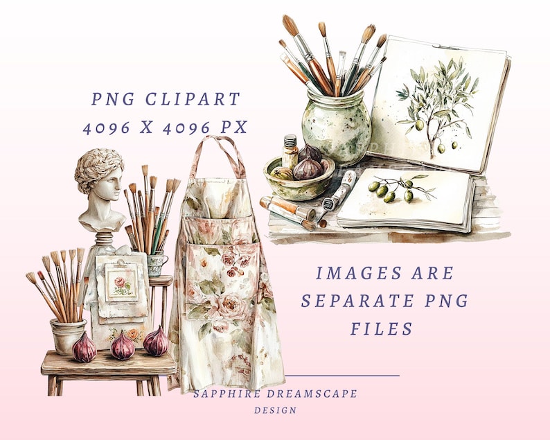 Puede incluir: Ilustraci&oacute;n en acuarela con materiales de arte, incluyendo pinceles, cuadernos de bocetos y un delantal con dise&ntilde;o floral. Tambi&eacute;n hay un busto de una figura cl&aacute;sica e higos. El texto dice "PNG Clipart" y "Las im&aacute;genes son archivos PNG separados."