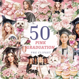 May include: A digital collage featuring illustrations of graduates in caps and gowns, surrounded by pink graduation-themed elements. The text "50 PINK GRADUATION PNG CLIPART" is prominently displayed. Includes cupcakes, teddy bears, flowers, and champagne.