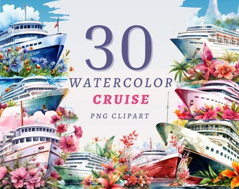 30 aquarel Cruise Clipart, transparante PNG's van hoge kwaliteit, Instant Download, commercieel gebruik - Cruiseschip png, Cruisevakantie afdrukbaar