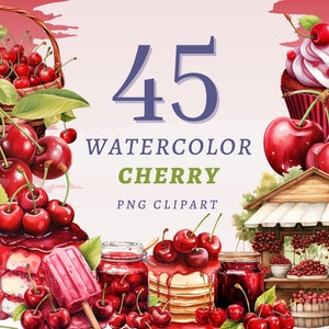 45 Watercolor Cherry Clipart, High Quality Transparent PNGs, Instant Download, Commercial Use - Cherries, Cherry Blossom, Cherry Fruit