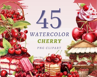 45 Watercolor Cherry Clipart, High Quality Transparent PNGs, Instant Download, Commercial Use - Cherries, Cherry Blossom, Cherry Fruit
