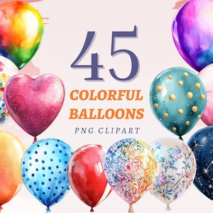 45 kolorowych balonów Clipart, wysokiej jakości przezroczyste PNG, natychmiastowe pobieranie, komercyjne wykorzystanie - wydruki na przyjęcie urodzinowe, obrazy na uroczystości