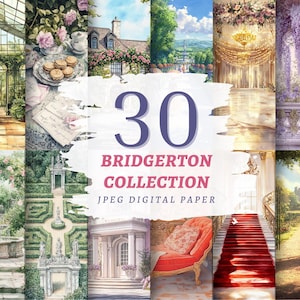 Peut inclure: Une collection de 30 papiers numériques JPEG de la collection Bridgerton. Les images présentent des illustrations à l'aquarelle de jardins, de maisons et d'intérieurs avec une esthétique romantique et vintage. La palette de couleurs comprend des pastels doux et des rouges vifs.