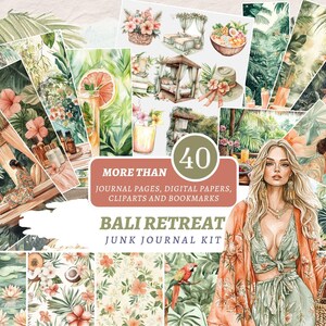 Bali Retreat Junk Journal Kit, Tropical Resort Bookmarks, Greenery Printable Pages, Indonesian Foliage Papers, Watercolor Clipart Bundle