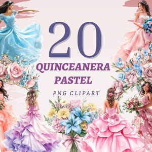 20 clipart pastel de quinceanera, PNGs transparentes de alta qualidade, download instantâneo, uso comercial, designs de quince Años, arte para aniversariante