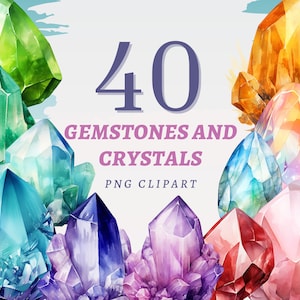 Puede incluir: Una colección de 40 ilustraciones de acuarela de gemas y cristales en varios colores, incluyendo verde, azul, morado, rosa y naranja. Las ilustraciones están en formato PNG y son perfectas para proyectos de diseño digital.