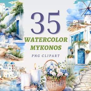 35 Aquarell Mykonos Clipart, hochwertige transparente PNGs, sofortiger Download, kommerzielle Nutzung - Kunst der griechischen Inseln, Sommerferien