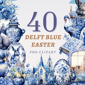 40 clipart de Páscoa em azul de Delft, PNGs transparentes de alta qualidade, download instantâneo, uso comercial - ovos de Páscoa vitorianos, pinturas tradicionais