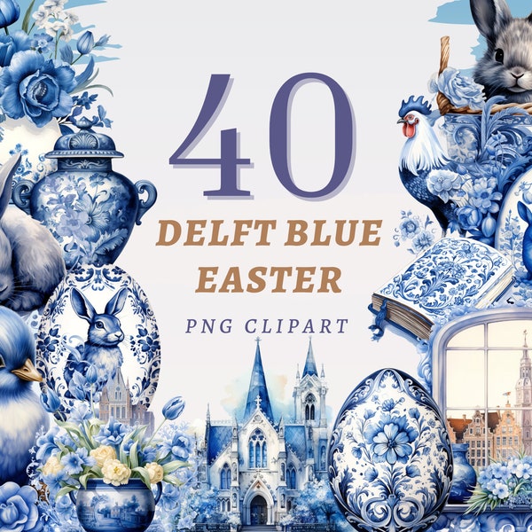 40 Delft Blue Easter Clipart, High Quality Transparent PNGs, Instant Download, Commercial Use - Victorian Easter Eggs, Traditional Paintings