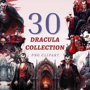 May include: A digital illustration featuring multiple images of Dracula. The images include Dracula in various poses, with a red and black color scheme. The text "30 Dracula Collection PNG Clipart" is also present.
