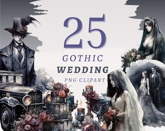 25 imágenes prediseñadas de boda gótica, PNG transparentes de alta calidad, descarga instantánea, uso comercial - Álbum de recortes, diario creativo, scrapbooking digital