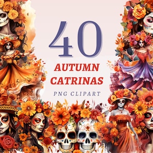 40 Herbst Catrinas Clipart, hochwertige transparente PNGs, sofortiger Download, kommerzielle Nutzung - mexikanisches Halloween, Dia de Los Muertos Designs