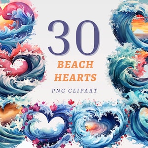 30 clipart de corações de praia, PNGs transparentes de alta qualidade, download instantâneo, uso comercial - formas de coração de verão, pacote de ilustração de ondas