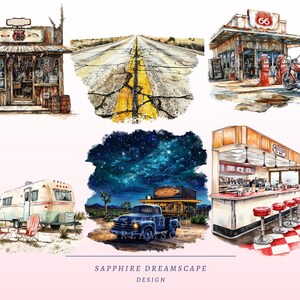 Puede incluir: Ilustraciones en acuarela de escenas americanas vintage. Incluye una gasolinera de la Ruta 66, un restaurante con taburetes rojos, un paisaje des&eacute;rtico con una caravana, una escena de noche estrellada con un cami&oacute;n y una tienda con se&ntilde;alizaci&oacute;n de la Ruta 66.