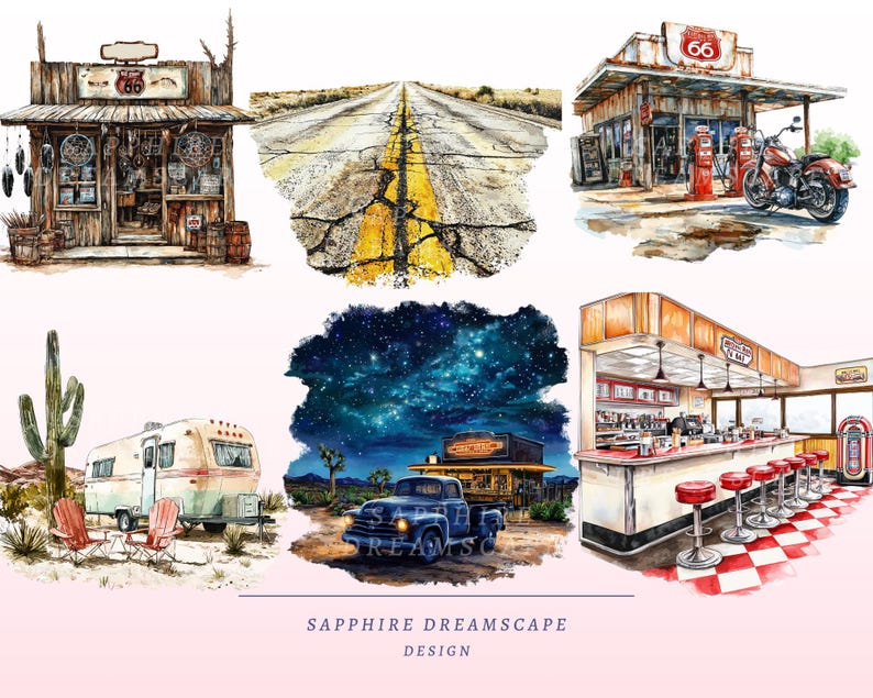 Puede incluir: Ilustraciones en acuarela de escenas americanas vintage. Incluye una gasolinera de la Ruta 66, un restaurante con taburetes rojos, un paisaje des&eacute;rtico con una caravana, una escena de noche estrellada con un cami&oacute;n y una tienda con se&ntilde;alizaci&oacute;n de la Ruta 66.