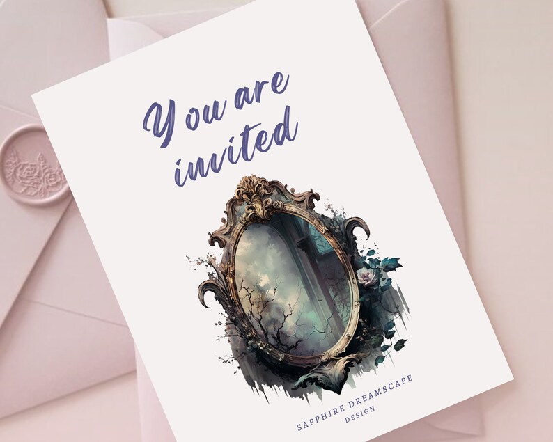 Puede incluir: Una tarjeta blanca con el texto "You are invited" en escritura cursiva morada. La tarjeta presenta un espejo ovalado dorado adornado con una escena nublada y tormentosa reflejada en su interior. El espejo est&aacute; rodeado por un efecto acuarela con ramas y rosas blancas.
