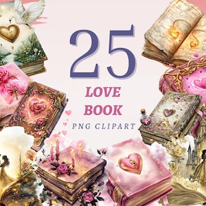 25 Liebe Buch Clipart, hochwertige transparente PNGs, Sofort Download, kommerzielle Nutzung - Verzauberte Geschichte, Fantasy Bücher Illustrationen