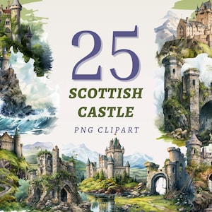 25 cliparts château écossais, PNG transparents de haute qualité, téléchargement immédiat, usage commercial - Art de la forteresse médiévale, lot de château des Highlands