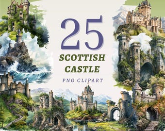 25 cliparts château écossais, PNG transparents de haute qualité, téléchargement immédiat, usage commercial - Art de la forteresse médiévale, lot de château des Highlands