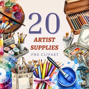 20 suministros para artistas, imágenes PNG, suministros de arte, gráficos creativos de pintor, descarga digital instantánea, uso comercial, lápices de acuarela