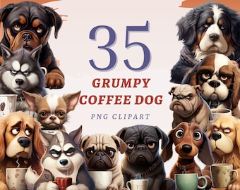 35 Grumpy Coffee hond clipart, hoge kwaliteit transparante png&#39;s, instant download, commercieel gebruik - Cartoon huisdier wordt afgedrukt, printables grappige honden