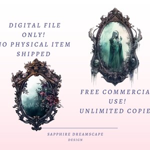 Puede incluir: Una ilustraci&oacute;n digital de una mujer con una t&uacute;nica verde de pie en un bosque, enmarcada en un espejo oscuro adornado con calaveras y enredaderas. El texto "FREE COMMERCIAL USE! UNLIMITED COPIES" est&aacute; debajo de la imagen.