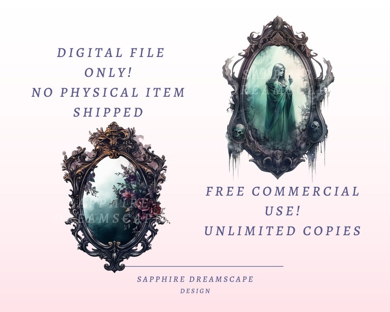 Puede incluir: Una ilustraci&oacute;n digital de una mujer con una t&uacute;nica verde de pie en un bosque, enmarcada en un espejo oscuro adornado con calaveras y enredaderas. El texto "FREE COMMERCIAL USE! UNLIMITED COPIES" est&aacute; debajo de la imagen.